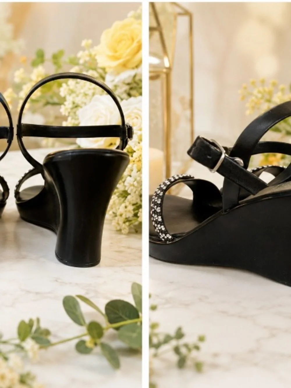 Italian Shoemakers Black Wedge Sandals with Rhinestone Accent